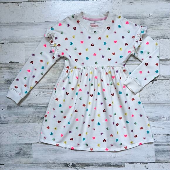 Cat & Jack Dress Girls 8 White Multicolor Hearts Long Sleeve Pockets Ruffle - Picture 3 of 7